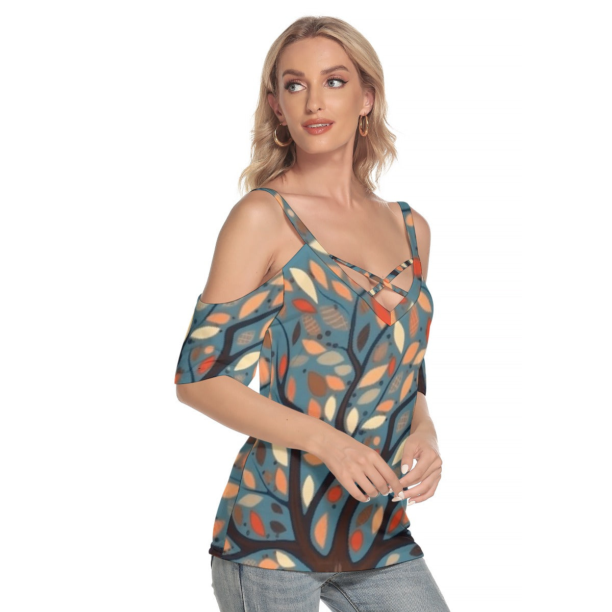 All-Over Print Women's Cold Shoulder T-shirt With Criss Cross Strips