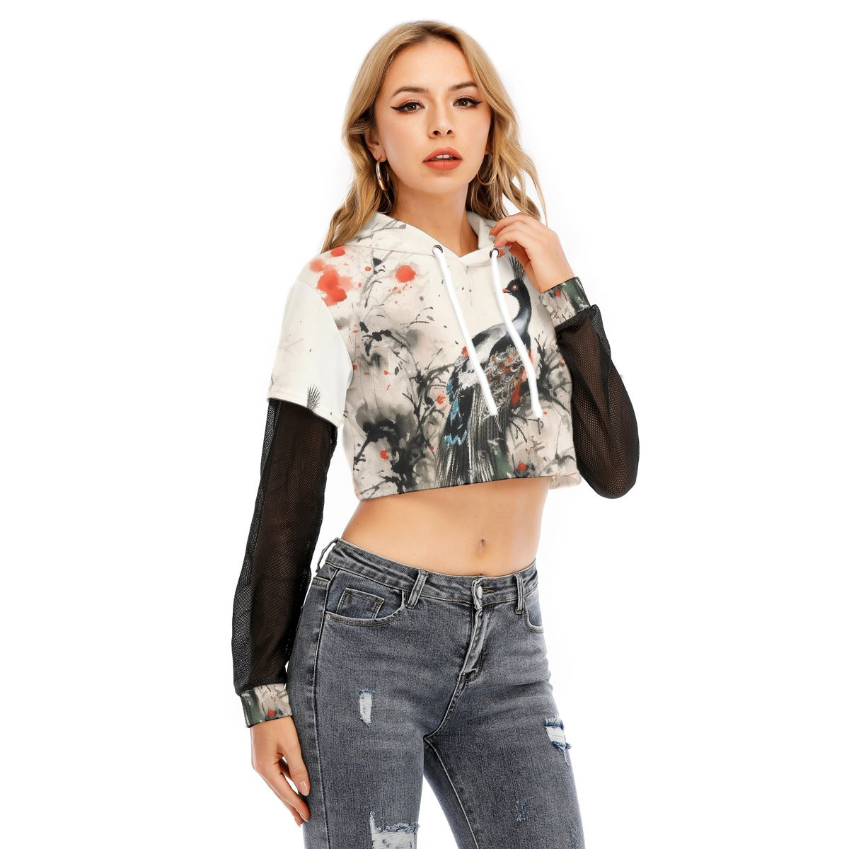 All-Over Print Women's Fake Two-piece Mesh Sleeve Cropped Hoodie