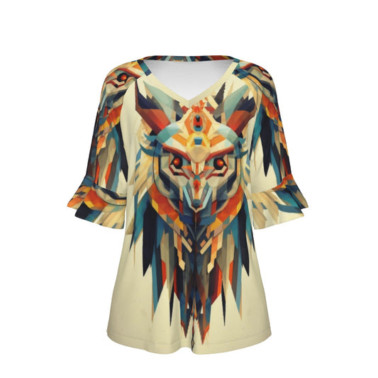 All-Over Print V-neck Women's T-shirt With Bell Sleeve