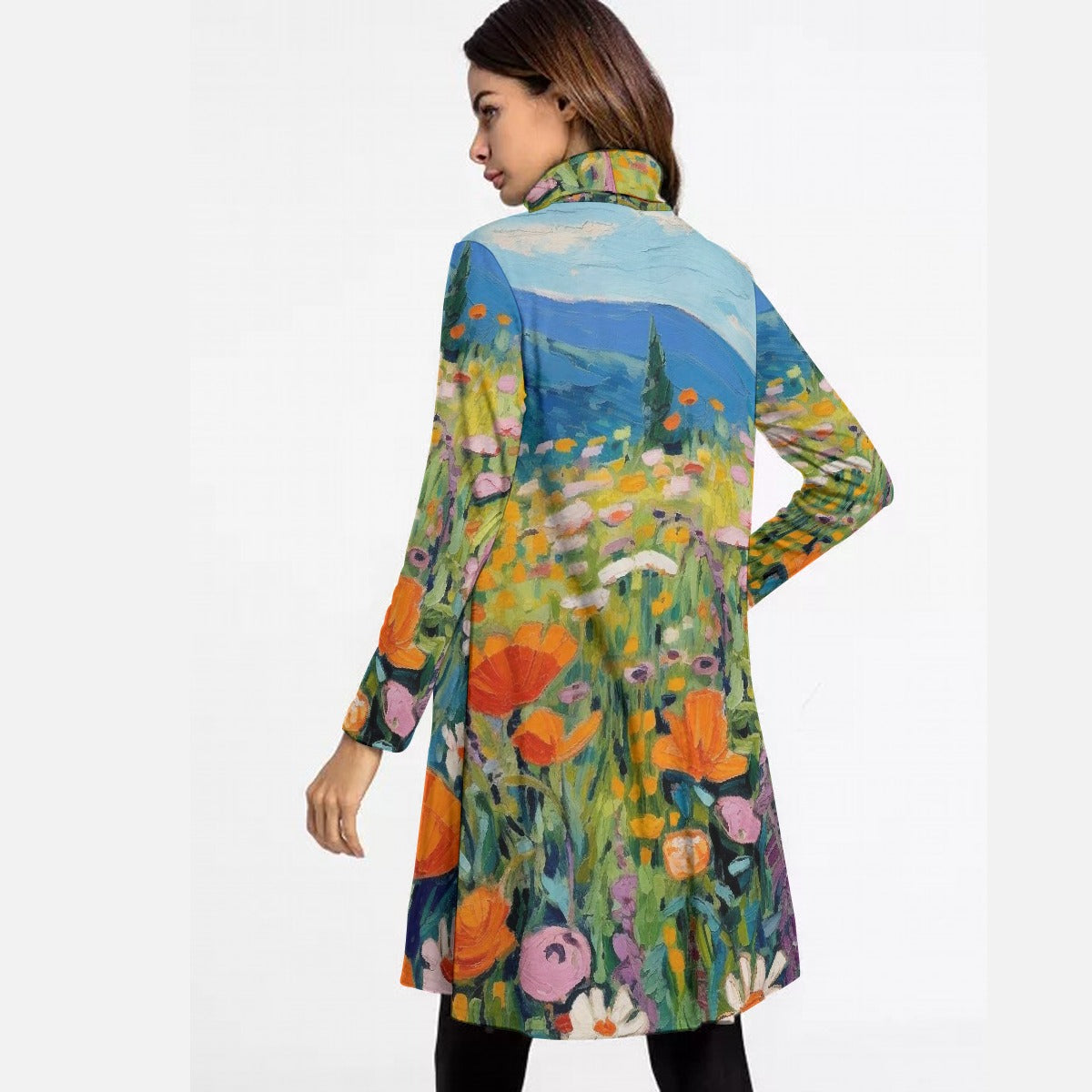 All-Over Print Women's High Neck Dress With Long Sleeve