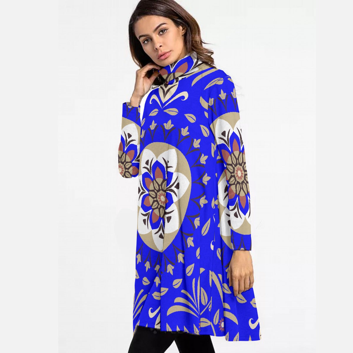 All-Over Print Women's High Neck Dress With Long Sleeve