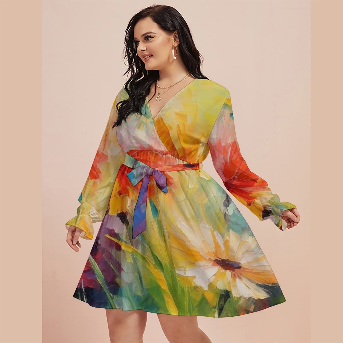 All-Over Print Women's V-neck Dress With Waistband(Plus Size)