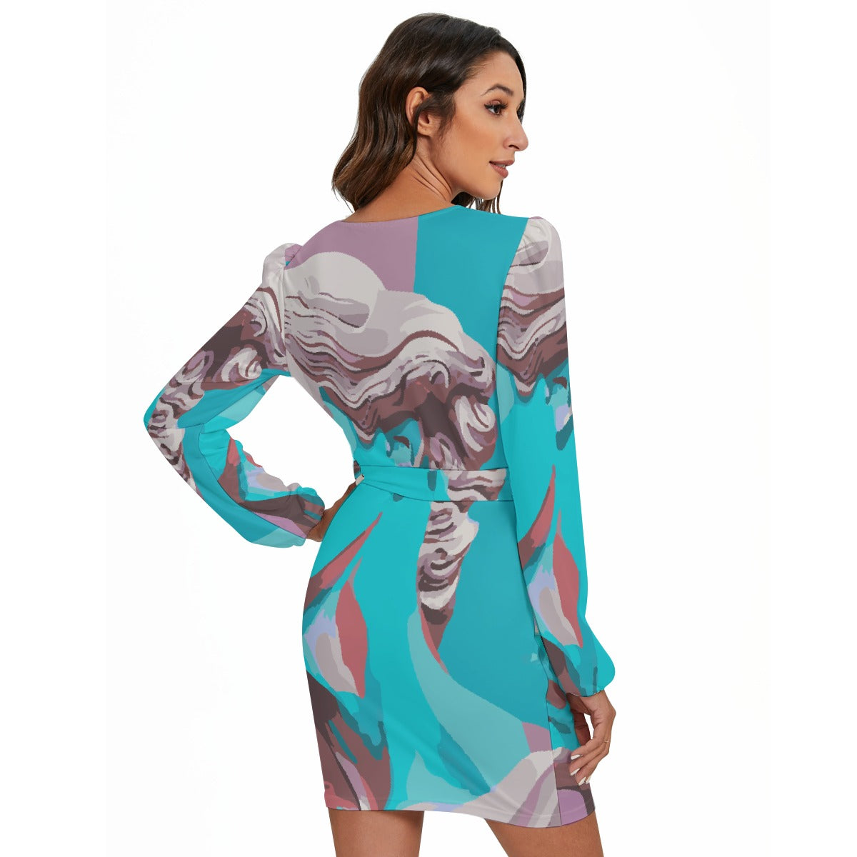 All-Over Print Women's Long Sleeve Dress With Waist Belt