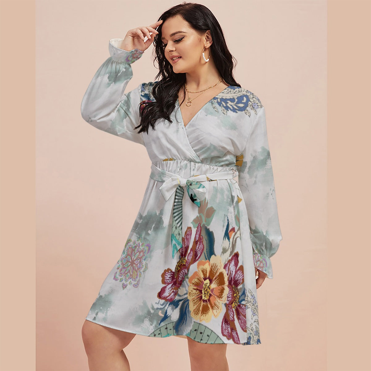 All-Over Print Women's V-neck Dress With Waistband(Plus Size)