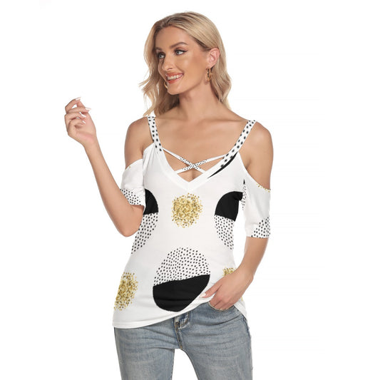 All-Over Print Women's Cold Shoulder T-shirt With Criss Cross Strips