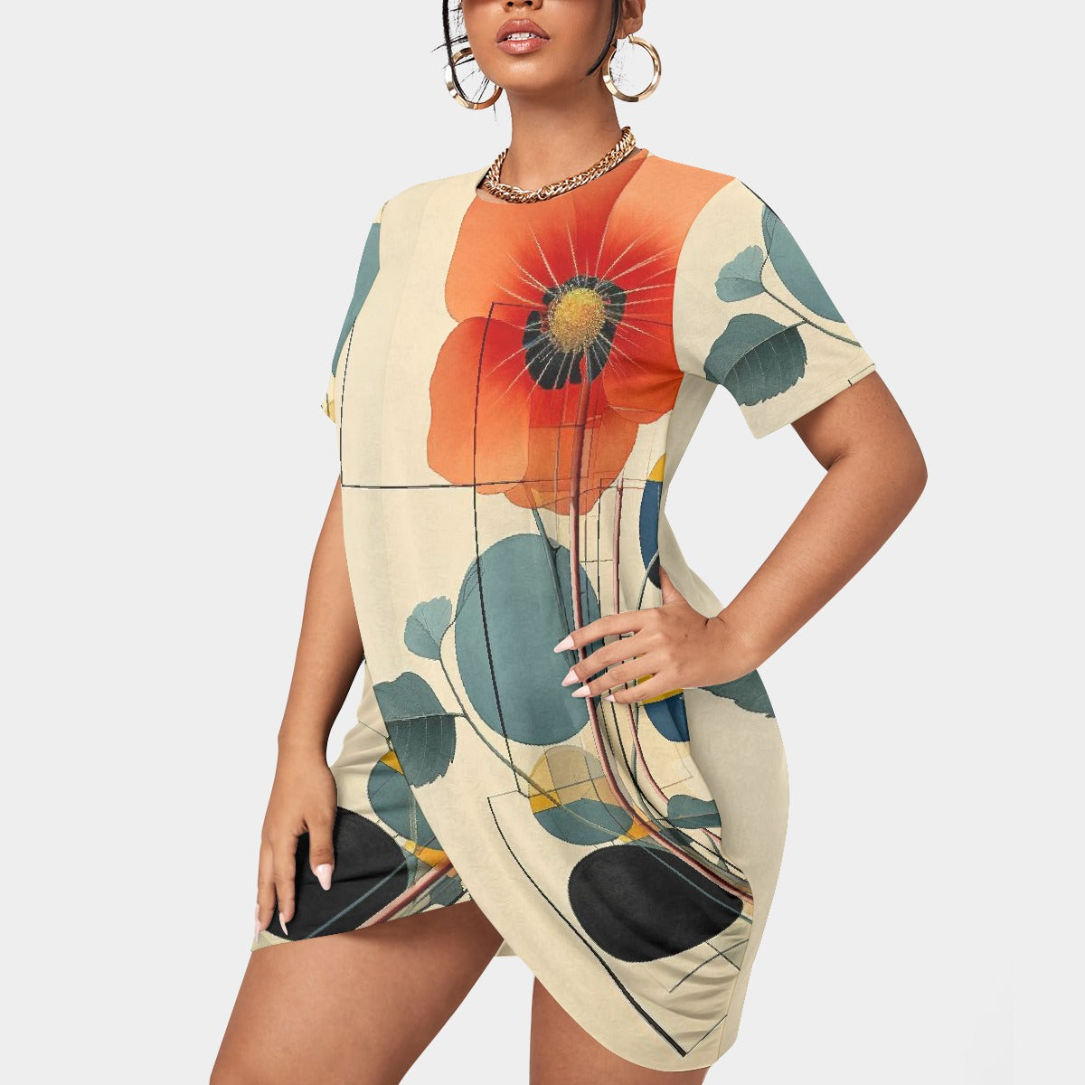 All-Over Print Women’s Stacked Hem Dress With Short Sleeve（Plus Size）