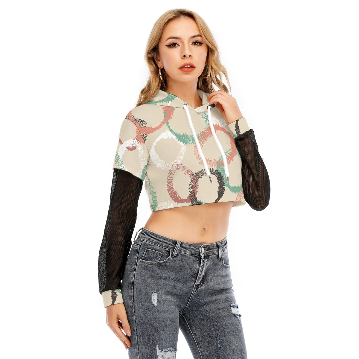 All-Over Print Women's Fake Two-piece Mesh Sleeve Cropped Hoodie