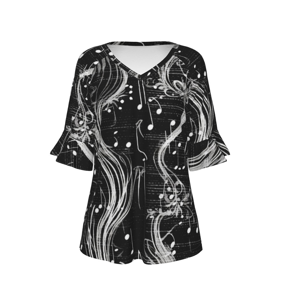 All-Over Print V-neck Women's T-shirt With Bell Sleeve