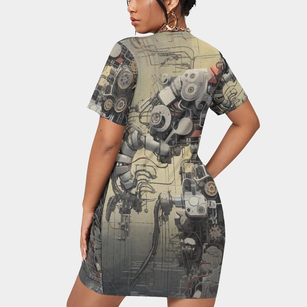 All-Over Print Women’s Stacked Hem Dress With Short Sleeve（Plus Size）