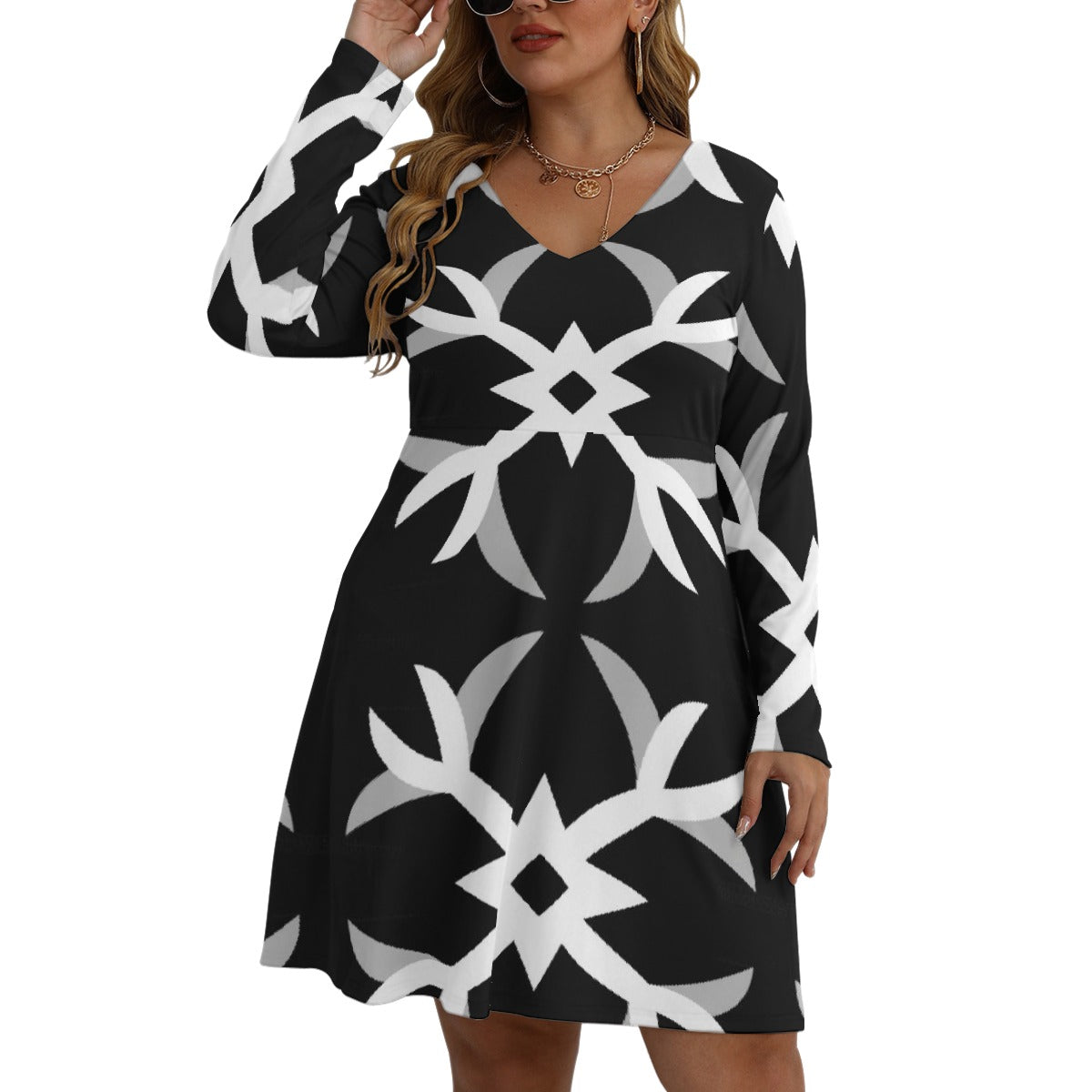 All-Over Print Women's V-neck Long Sleeve Dress(Plus Size)