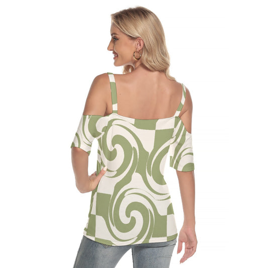 All-Over Print Women's Cold Shoulder T-shirt With Criss Cross Strips