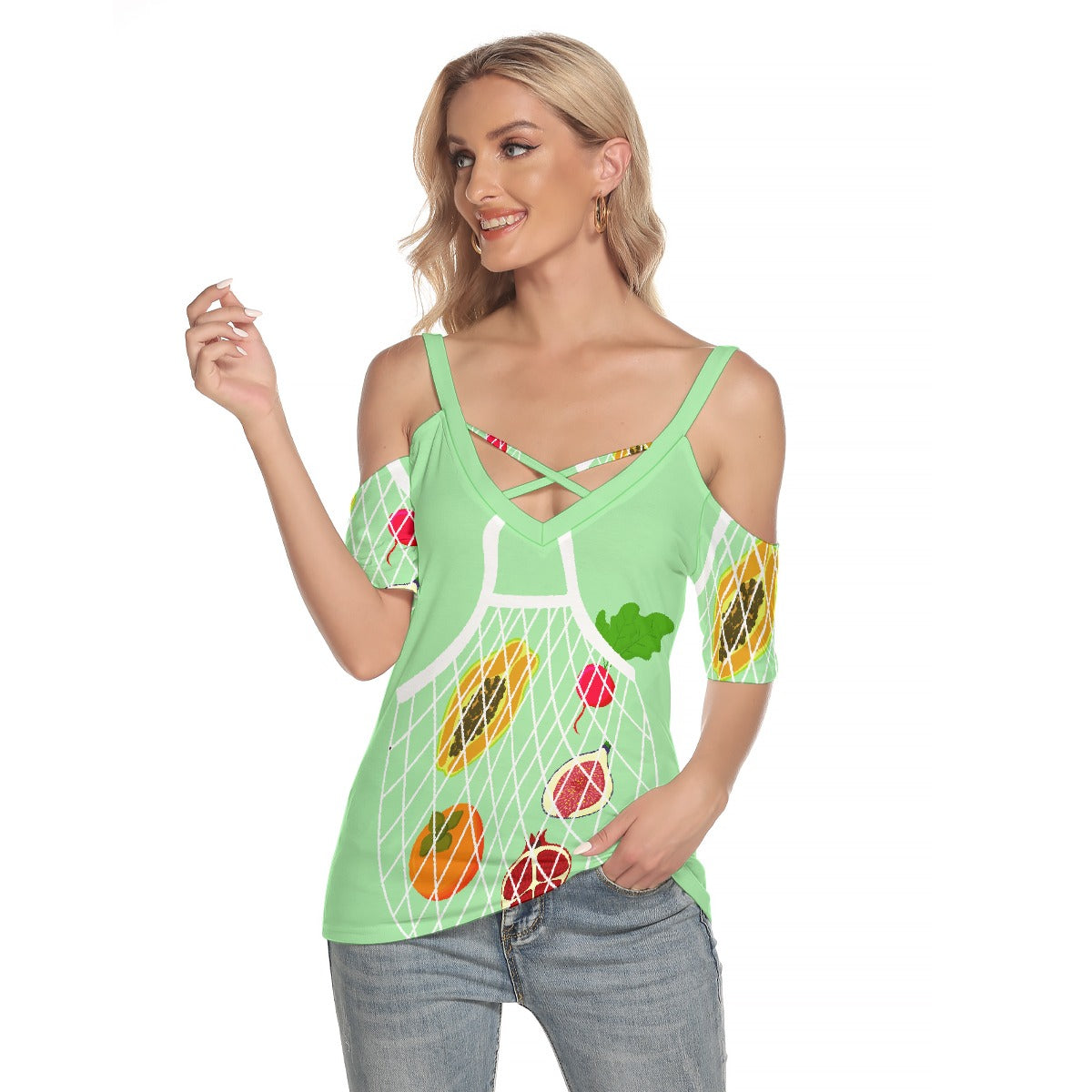 All-Over Print Women's Cold Shoulder T-shirt With Criss Cross Strips