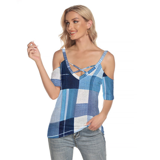 All-Over Print Women's Cold Shoulder T-shirt With Criss Cross Strips