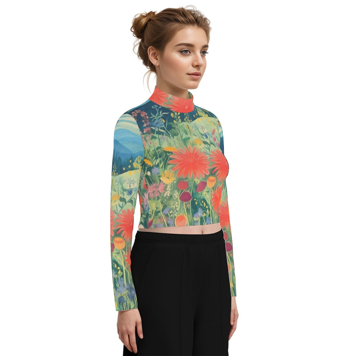 Eco-Friendly All-Over Print Women's Turtleneck T-shirt With Long Sleeve