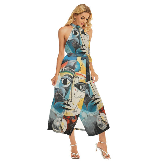 All-Over Print Women's Wrap Hem Belted Halter Dress