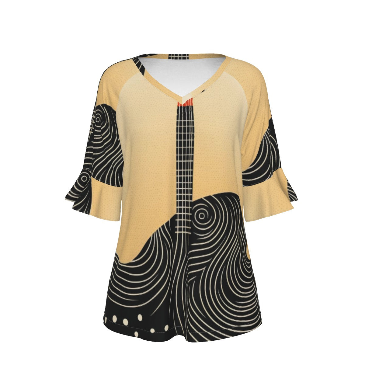 All-Over Print V-neck Women's T-shirt With Bell Sleeve