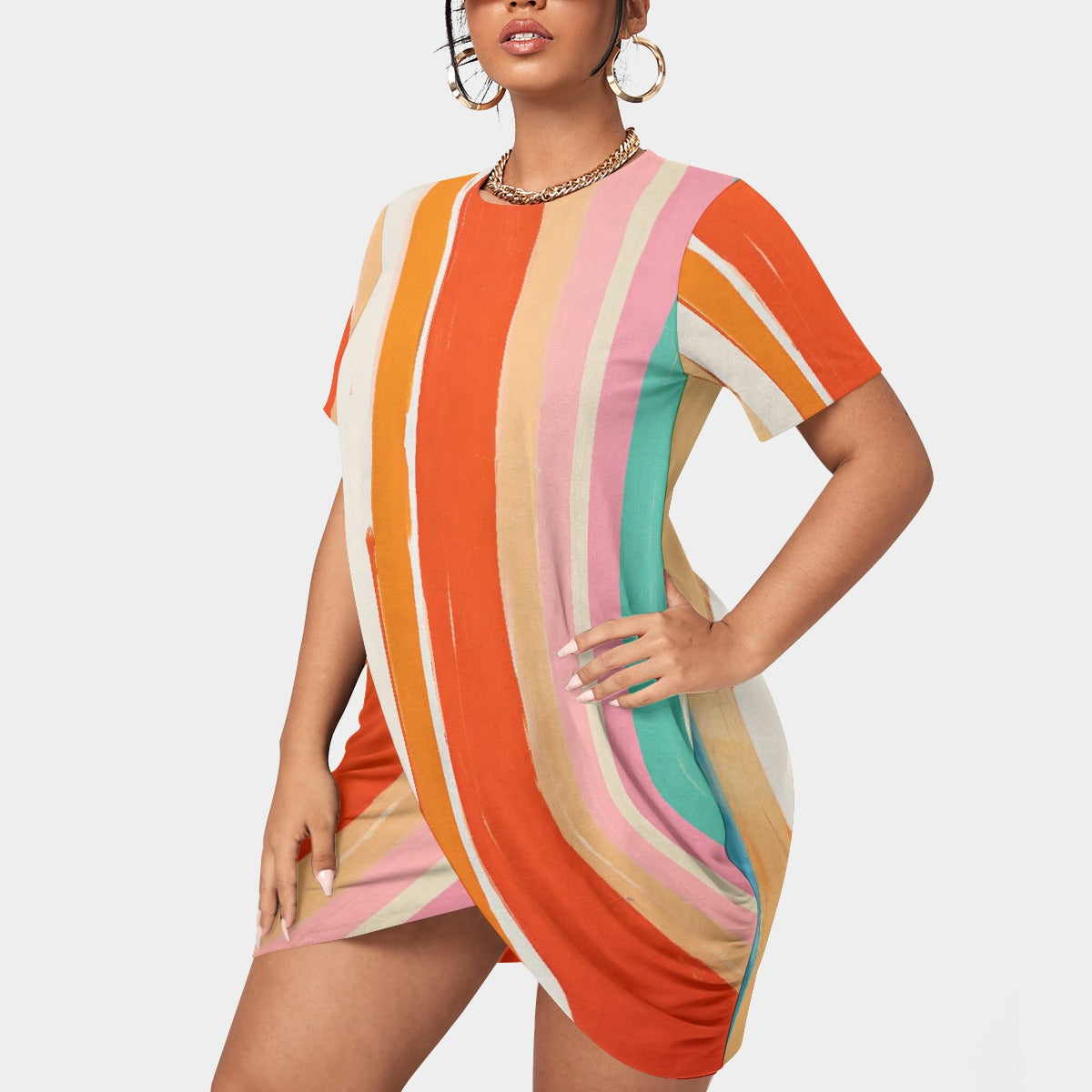 All-Over Print Women’s Stacked Hem Dress With Short Sleeve（Plus Size）