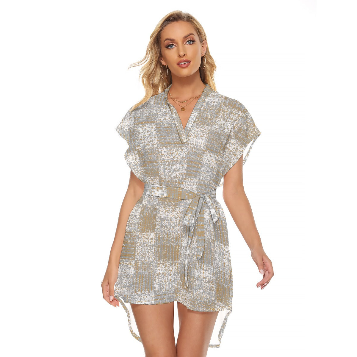 All-Over Print Women's Stand-up Collar Casual Dress With Belt