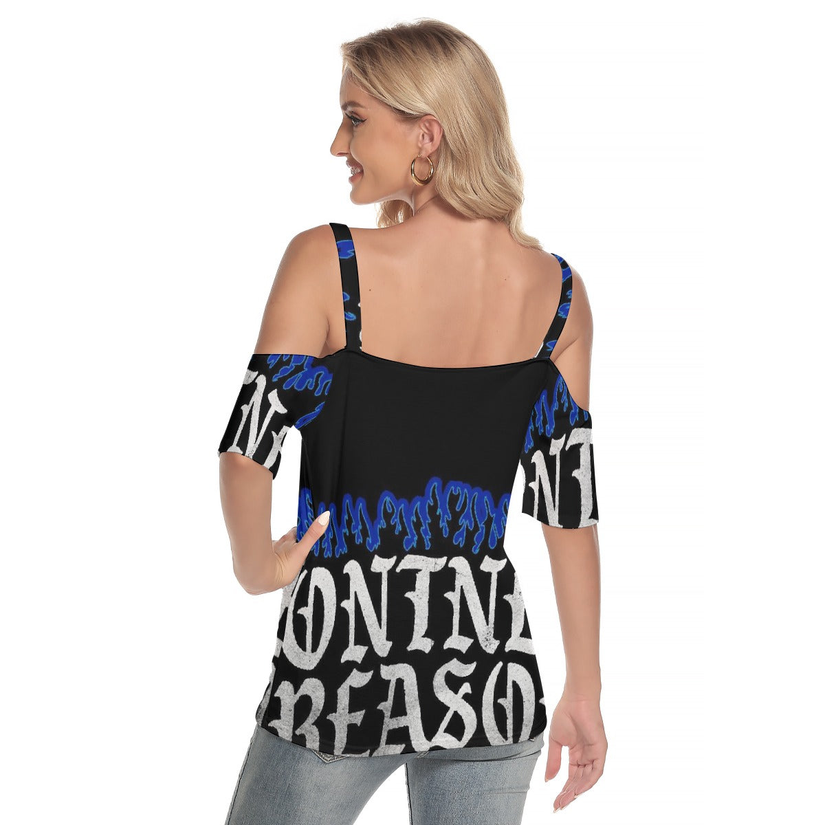 All-Over Print Women's Cold Shoulder T-shirt With Criss Cross Strips