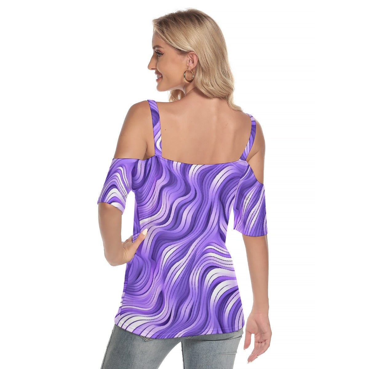 All-Over Print Women's Cold Shoulder T-shirt With Criss Cross Strips