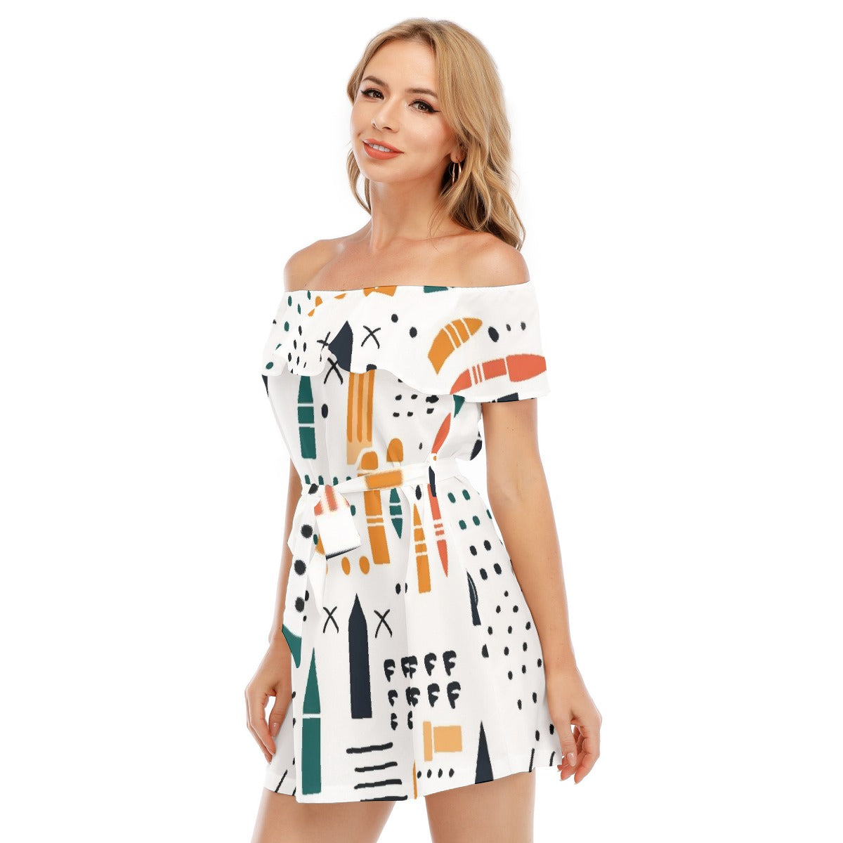 All-Over Print Women's Off-shoulder Dress With Ruffle