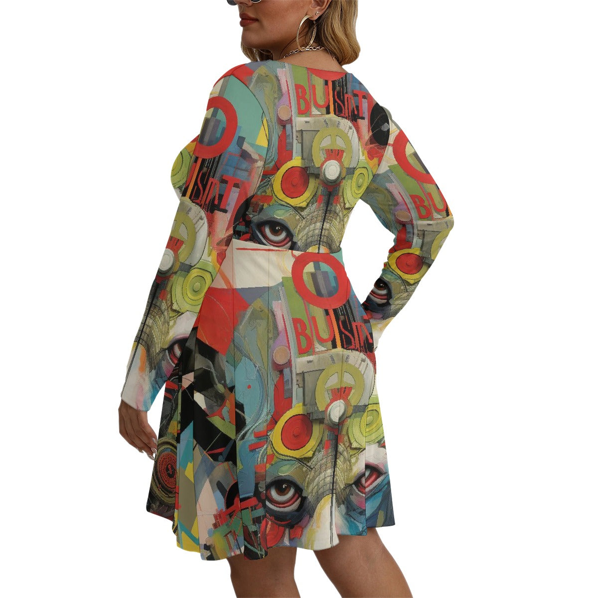 All-Over Print Women's V-neck Long Sleeve Dress(Plus Size)