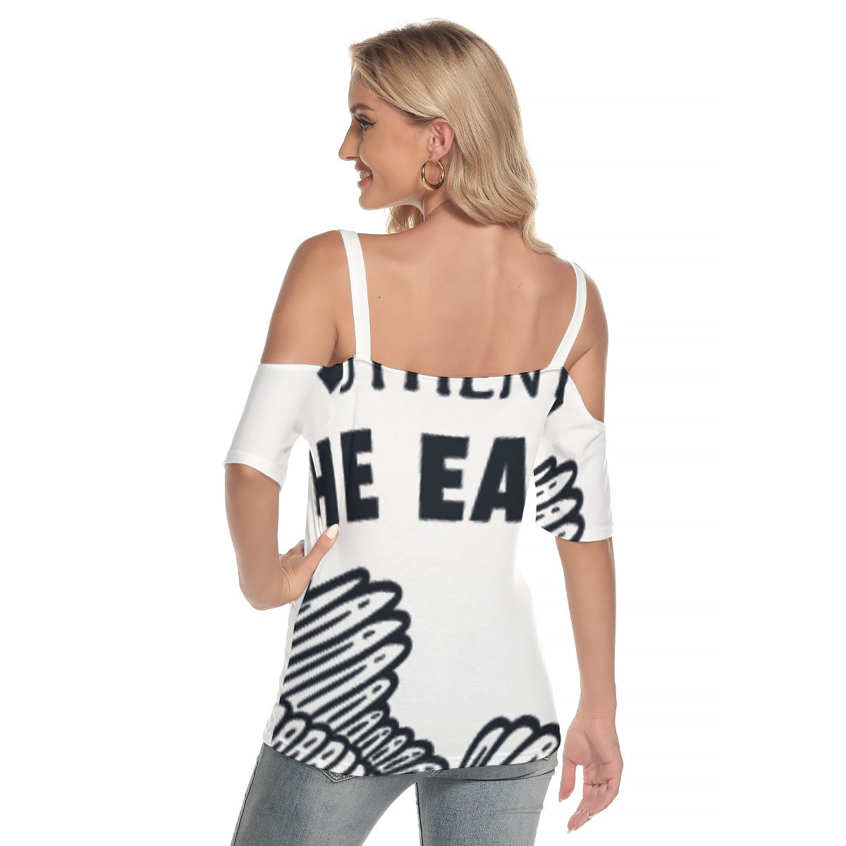 All-Over Print Women's Cold Shoulder T-shirt With Criss Cross Strips