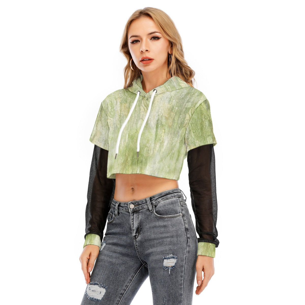 All-Over Print Women's Fake Two-piece Mesh Sleeve Cropped Hoodie