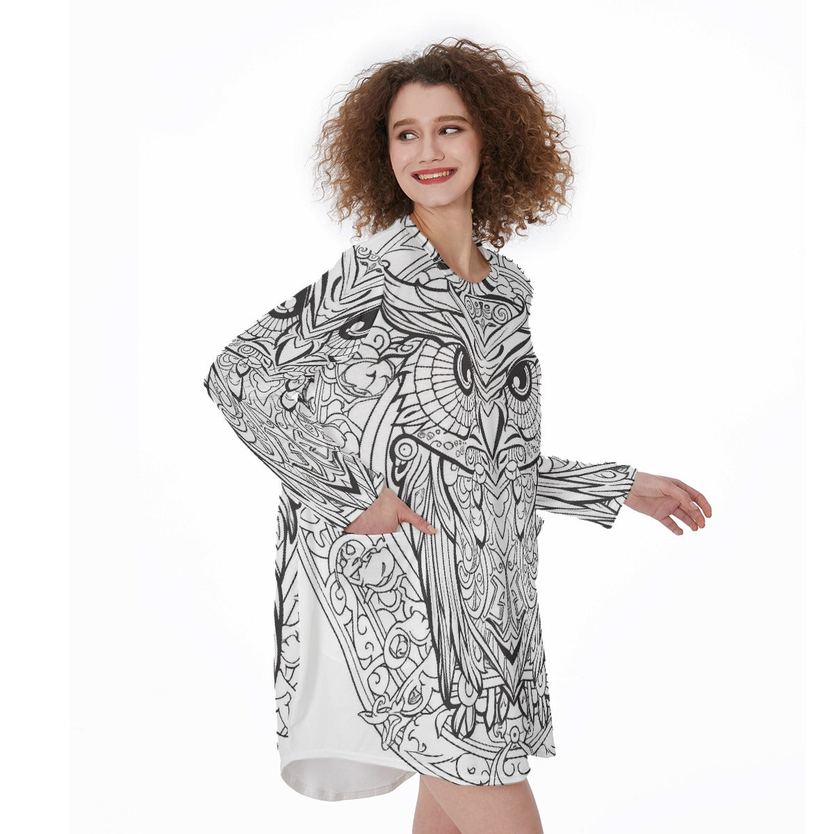 All-Over Print Women's Casual Loose Long Sleeve Dress With Pocket