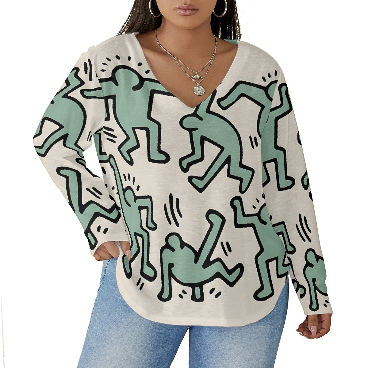 All-Over Print Women's V-neck T-shirt With Curved Hem(Plus Size)