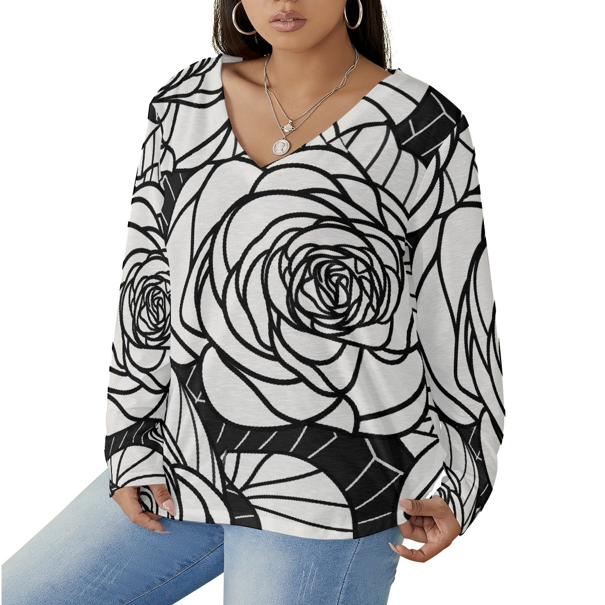 All-Over Print Women's V-neck T-shirt With Curved Hem(Plus Size)