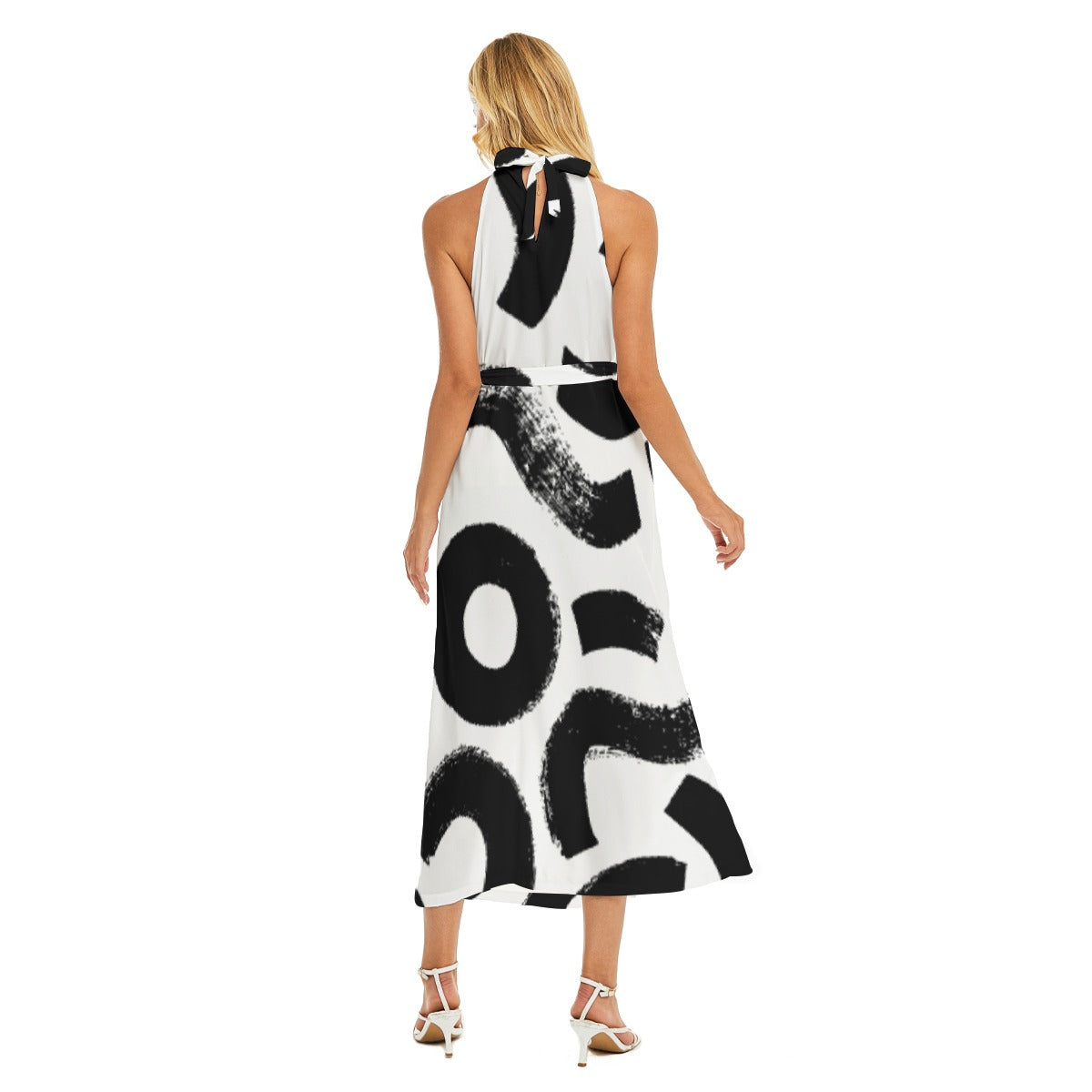 All-Over Print Women's Wrap Hem Belted Halter Dress