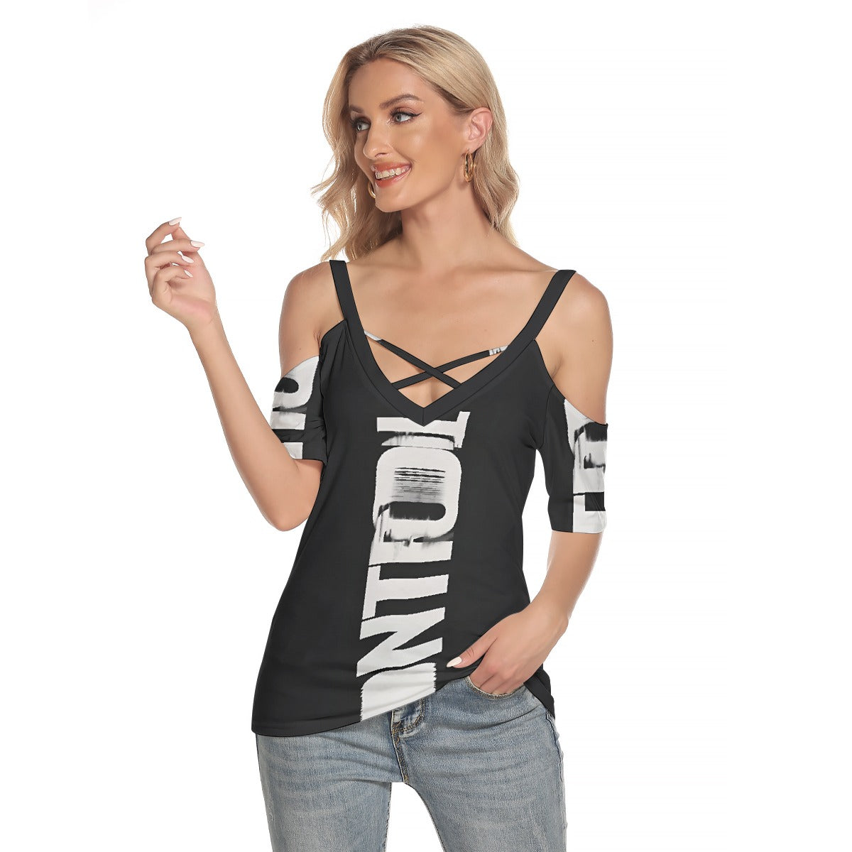 All-Over Print Women's Cold Shoulder T-shirt With Criss Cross Strips