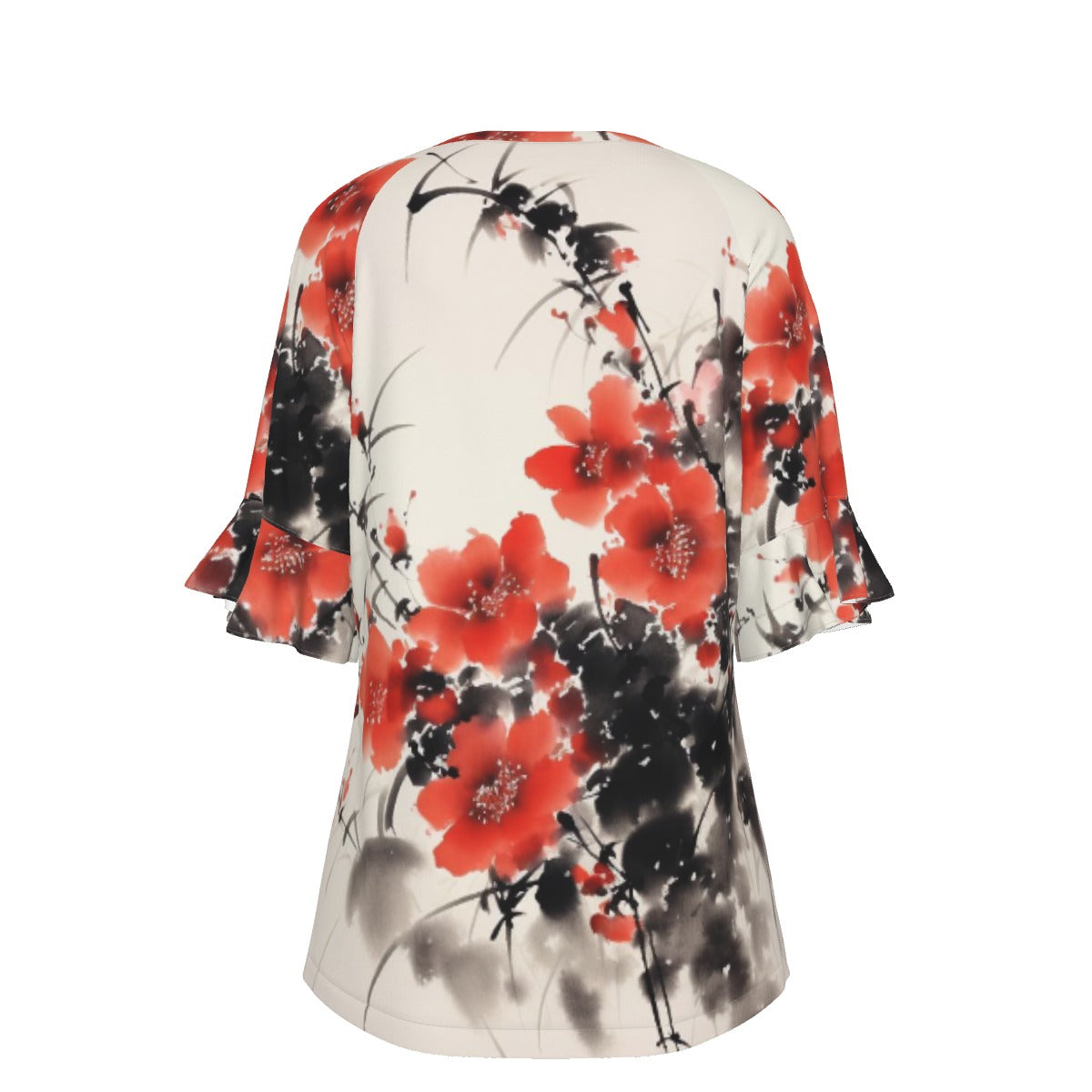 All-Over Print V-neck Women's T-shirt With Bell Sleeve