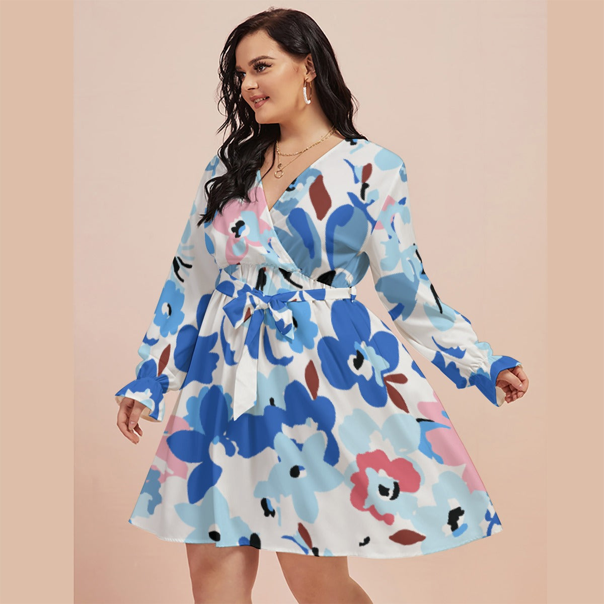 All-Over Print Women's V-neck Dress With Waistband(Plus Size)