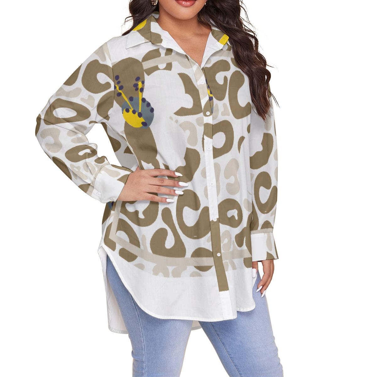 All-Over Print Women's Shirt With Long Sleeve(Plus Size)