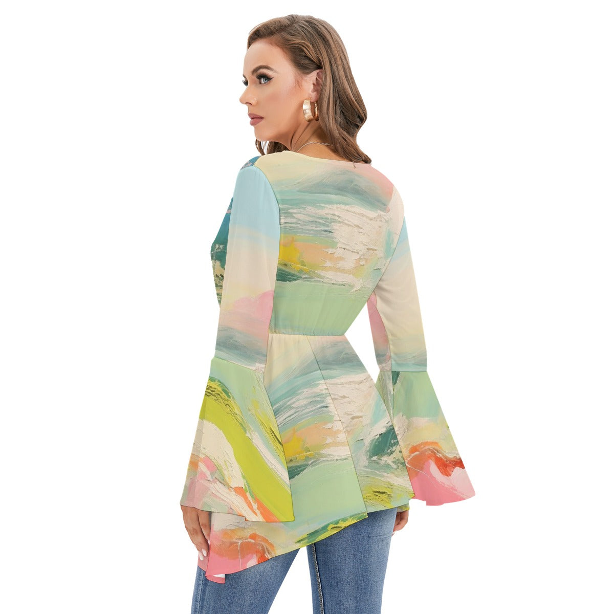 All-Over Print Women's V-neck Blouse With Flared Sleeves