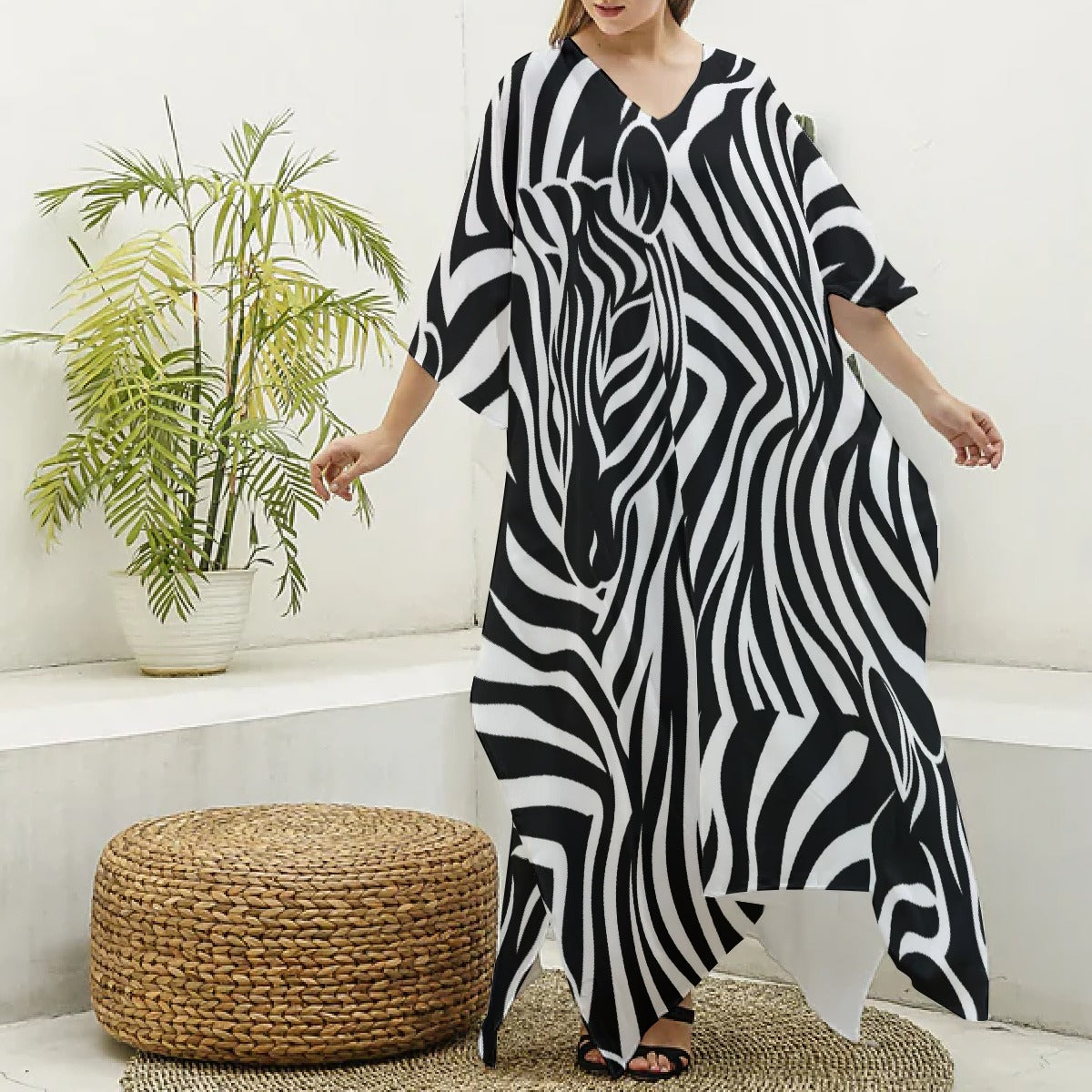 All-Over Print Women's Imitation Silk V-neck Kaftan Robe