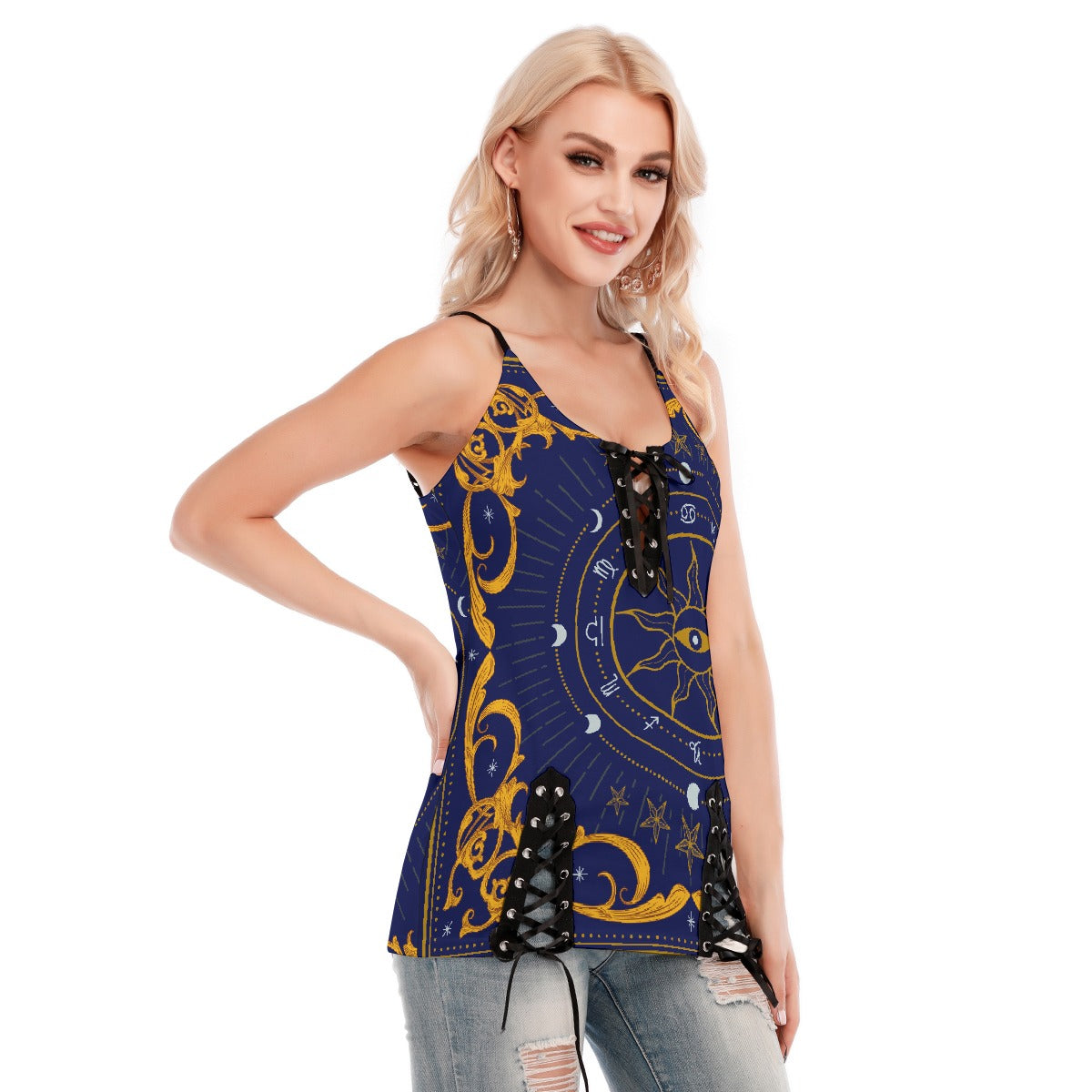 All-Over Print Women's V-neck Eyelet Lace-up Cami Dress