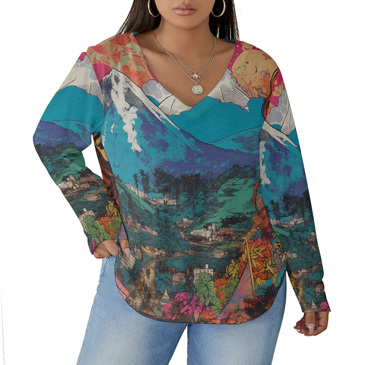 All-Over Print Women's V-neck T-shirt With Curved Hem(Plus Size)