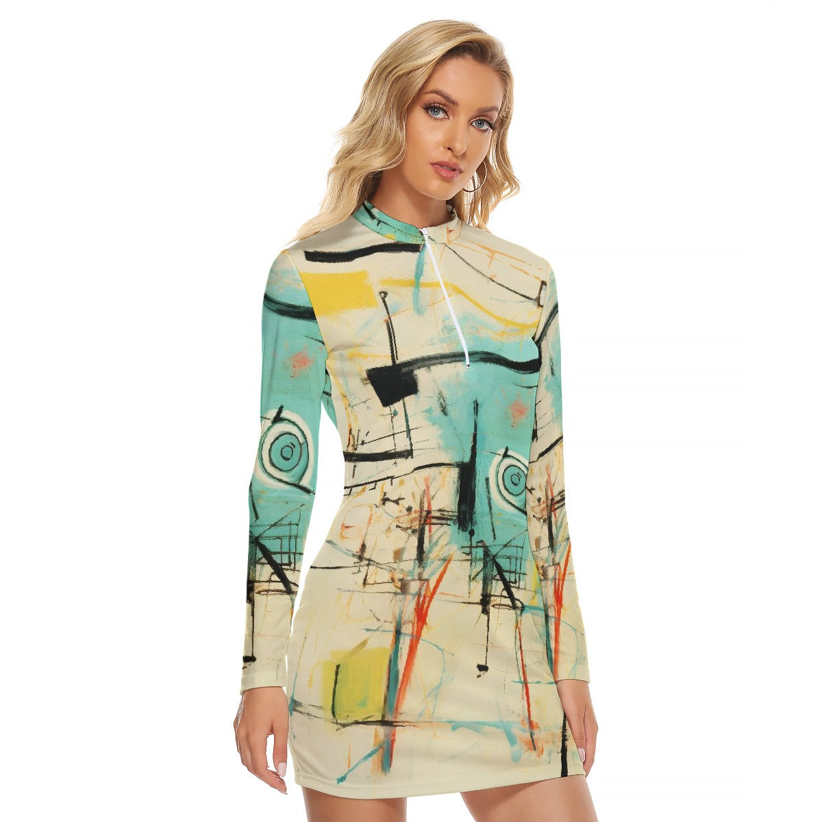 All-Over Print Women's Zip Front Tight Dress