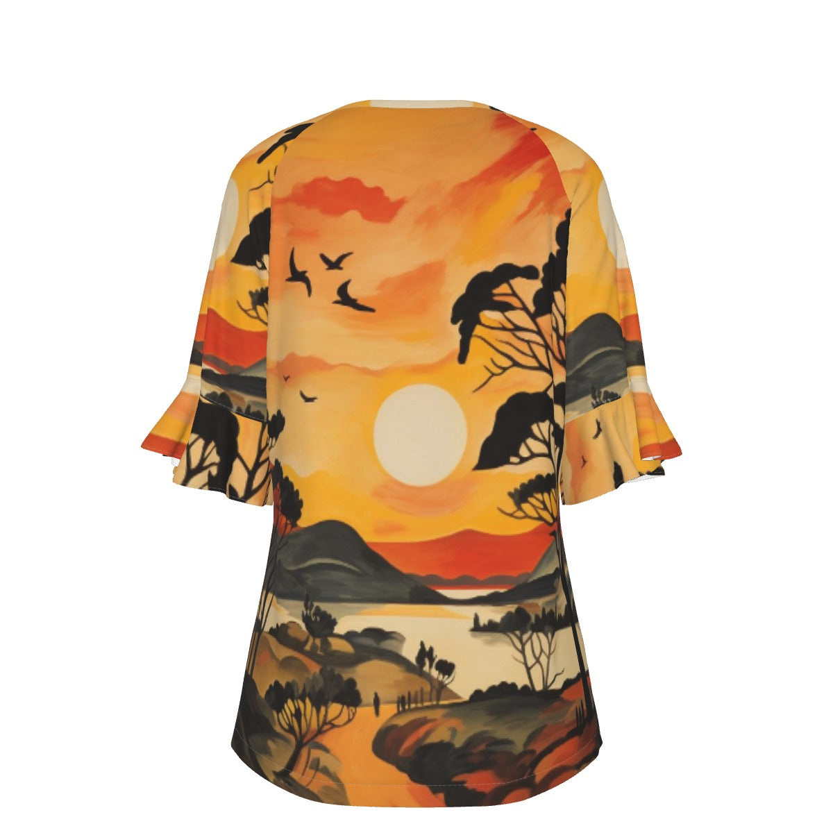 All-Over Print V-neck Women's T-shirt With Bell Sleeve