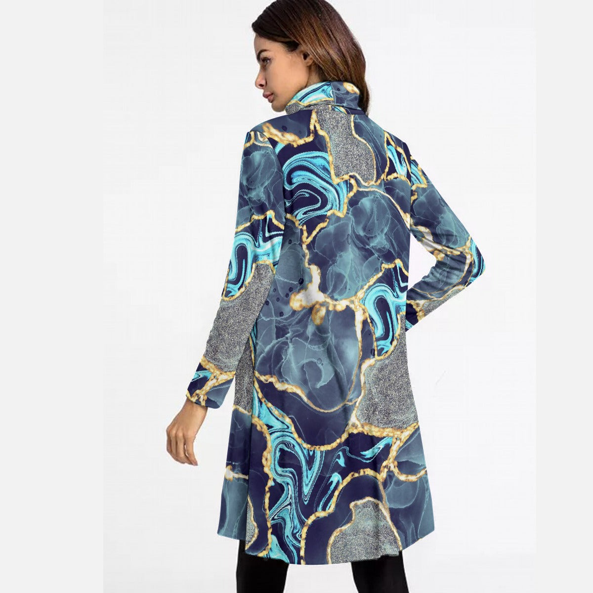 All-Over Print Women's High Neck Dress With Long Sleeve