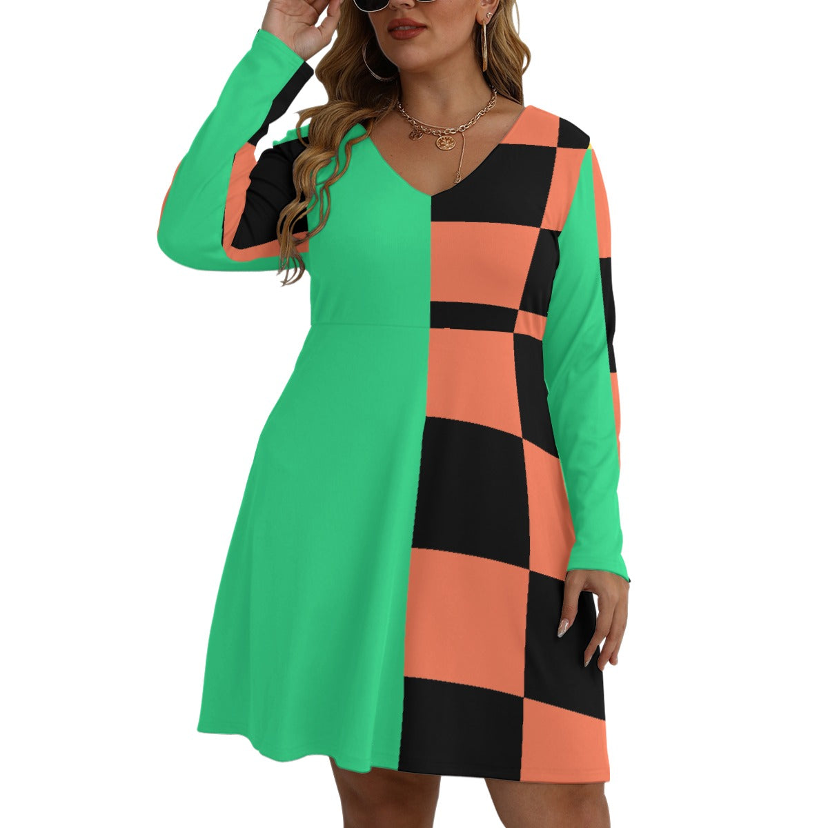 All-Over Print Women's V-neck Long Sleeve Dress(Plus Size)