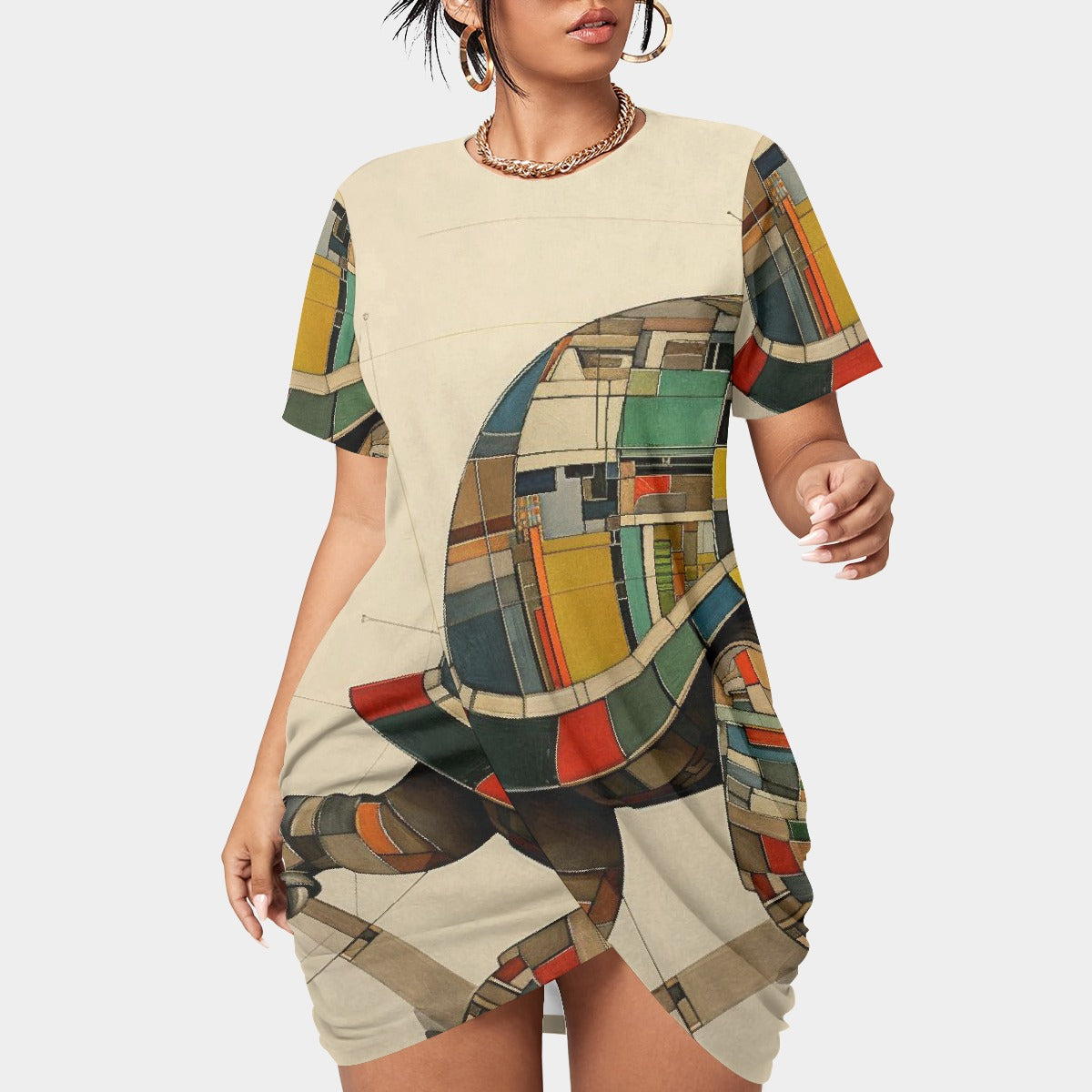 All-Over Print Women’s Stacked Hem Dress With Short Sleeve（Plus Size）