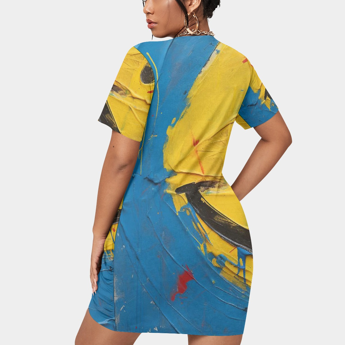 All-Over Print Women’s Stacked Hem Dress With Short Sleeve（Plus Size）