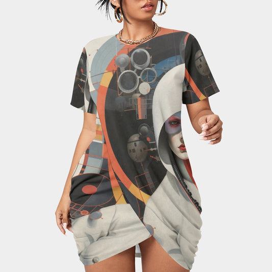 All-Over Print Women’s Stacked Hem Dress With Short Sleeve（Plus Size）