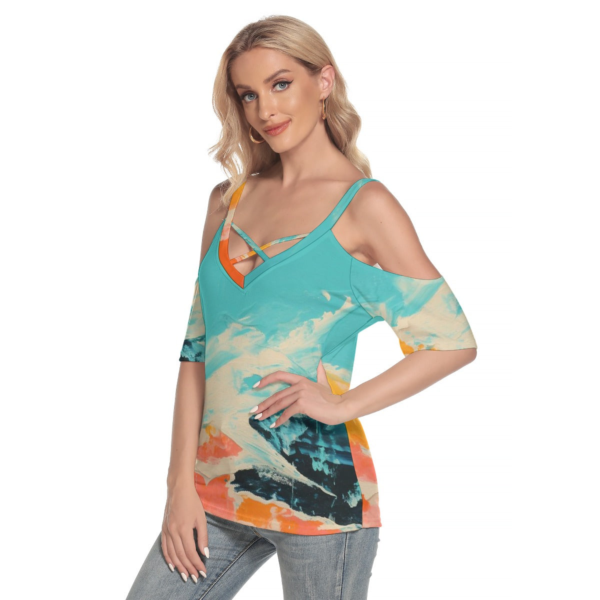 All-Over Print Women's Cold Shoulder T-shirt With Criss Cross Strips