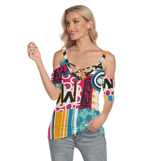 All-Over Print Women's Cold Shoulder T-shirt With Criss Cross Strips