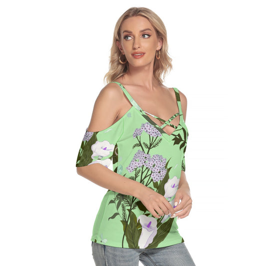 All-Over Print Women's Cold Shoulder T-shirt With Criss Cross Strips